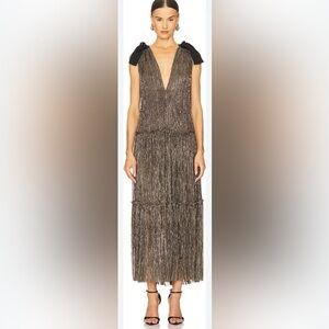 Sabina Musayev Ray Luxury Pleated Gold Metallic Tiered Maxi Cocktail Dress Sz M